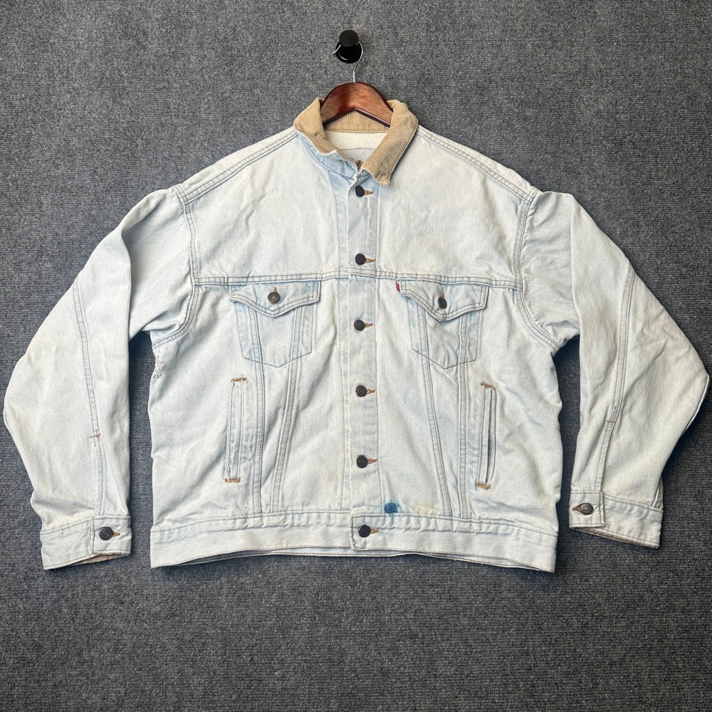 Vintage Levi's Denim Jacket Mens XL Light Wash Corduroy Collar 80s Trucker USA - Picture 1 of 14
